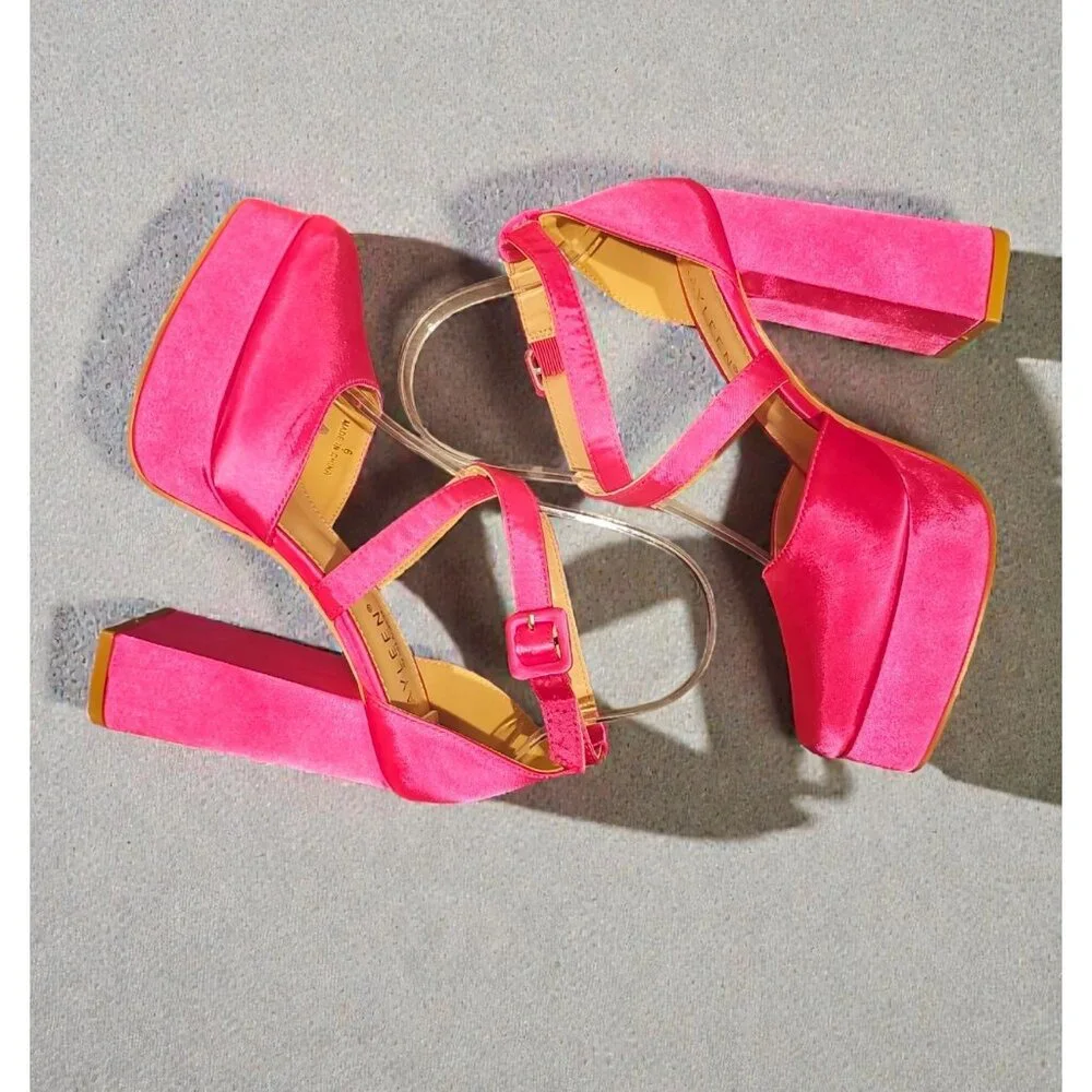 Bright Fuchsia Satin Platform High Heel Ankle Strap Pumps